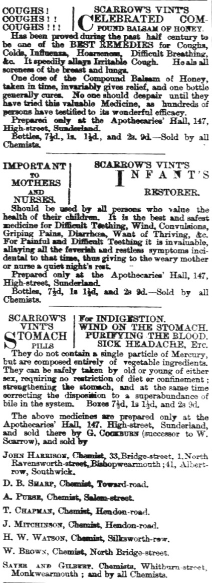 Scarrow's Vints remedies advert 1875
